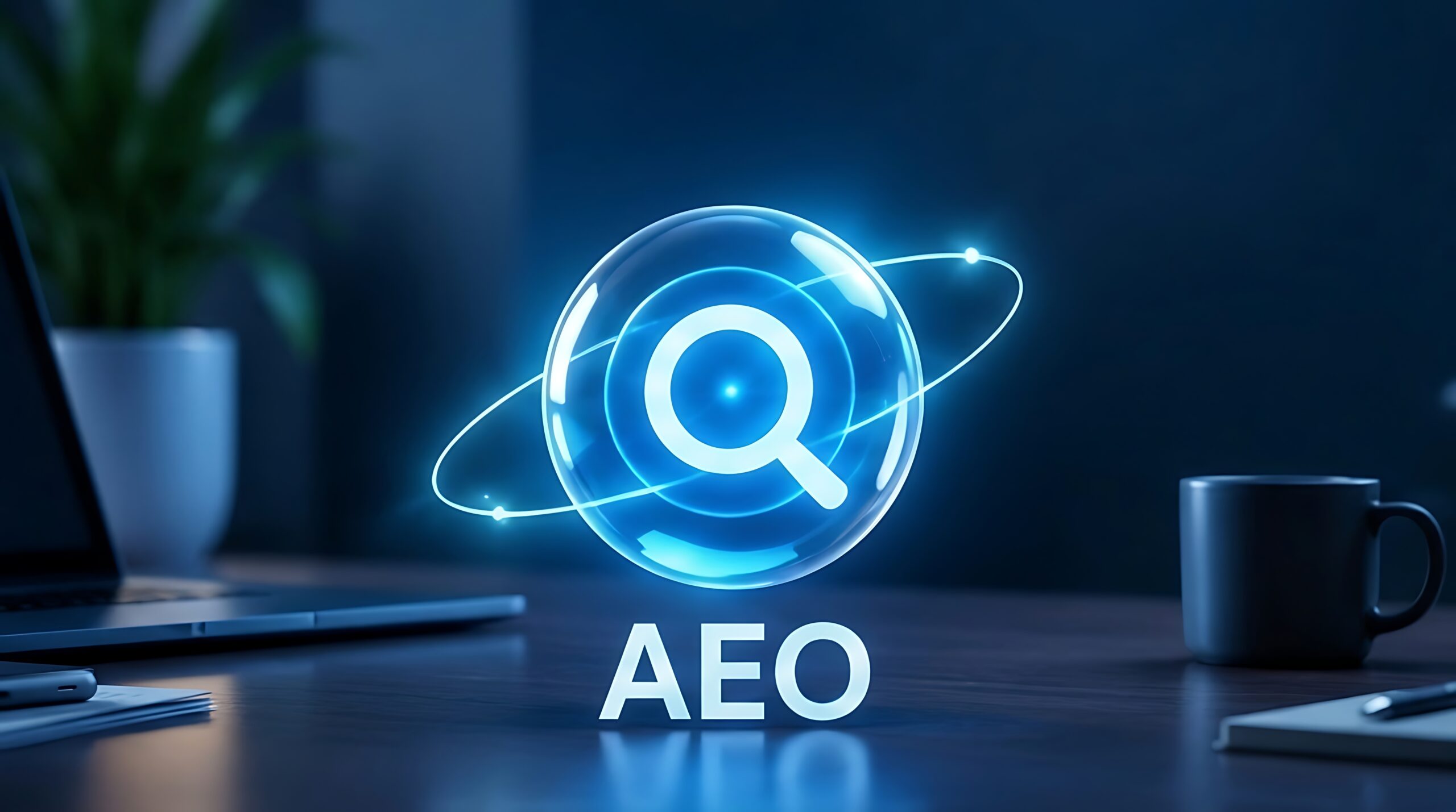 Conceptual Illustration of Answer Engine Optimization AEO Represented by a Glowing Digital Magnifying Glass Icon Over a Modern Workspace Desk for Future Digital Marketing and Search Strategy
