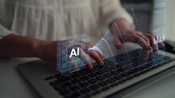 Work continues on a laptop. Edge connections carry information to and from AI computing hardware, with routing and signal measurements supporting visibility into the data exchange